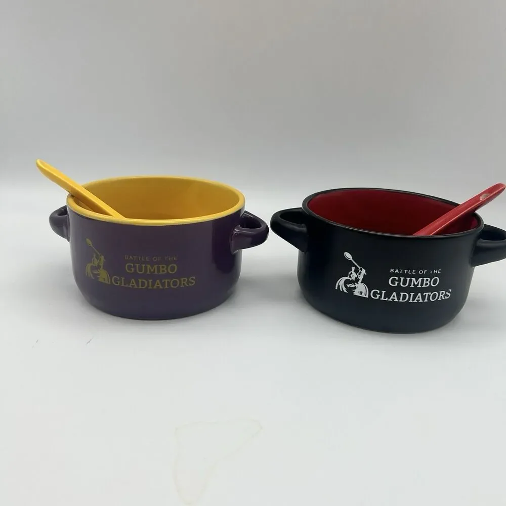 Battle of the Gumbo Gladiators Ceramic Gumbo Bowls w/Spoons Set of 2 SHREVEPORT